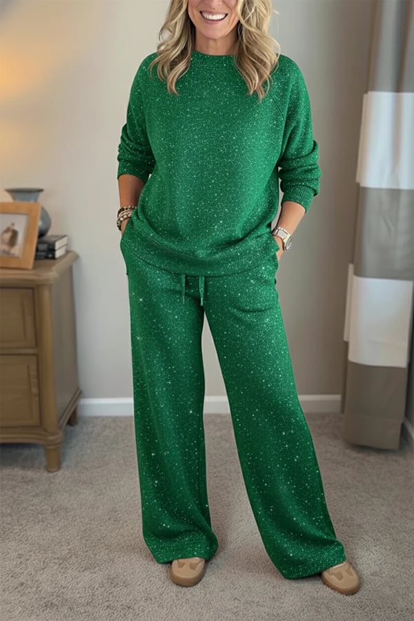 Round neckline, shiny, solid color, casual suit