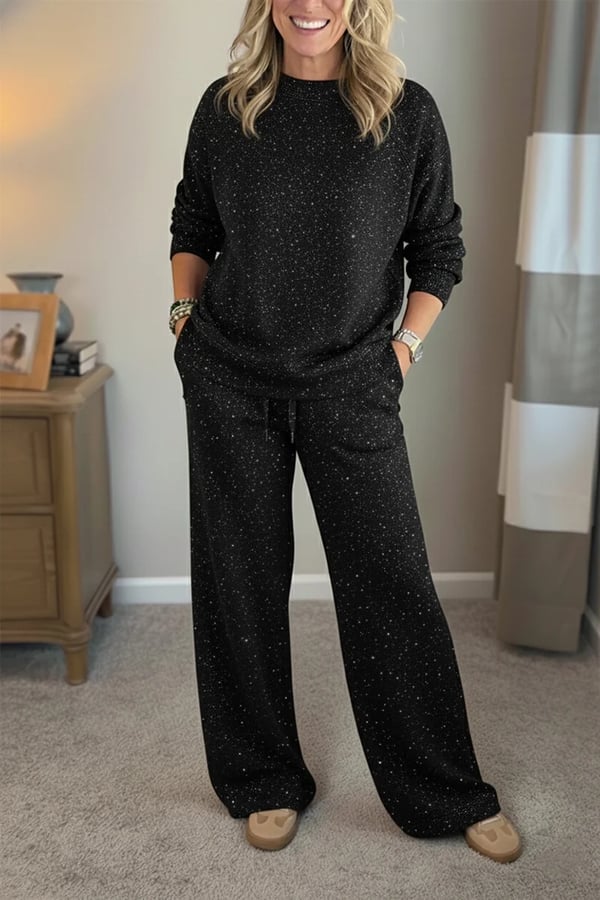 Round neckline, shiny, solid color, casual suit