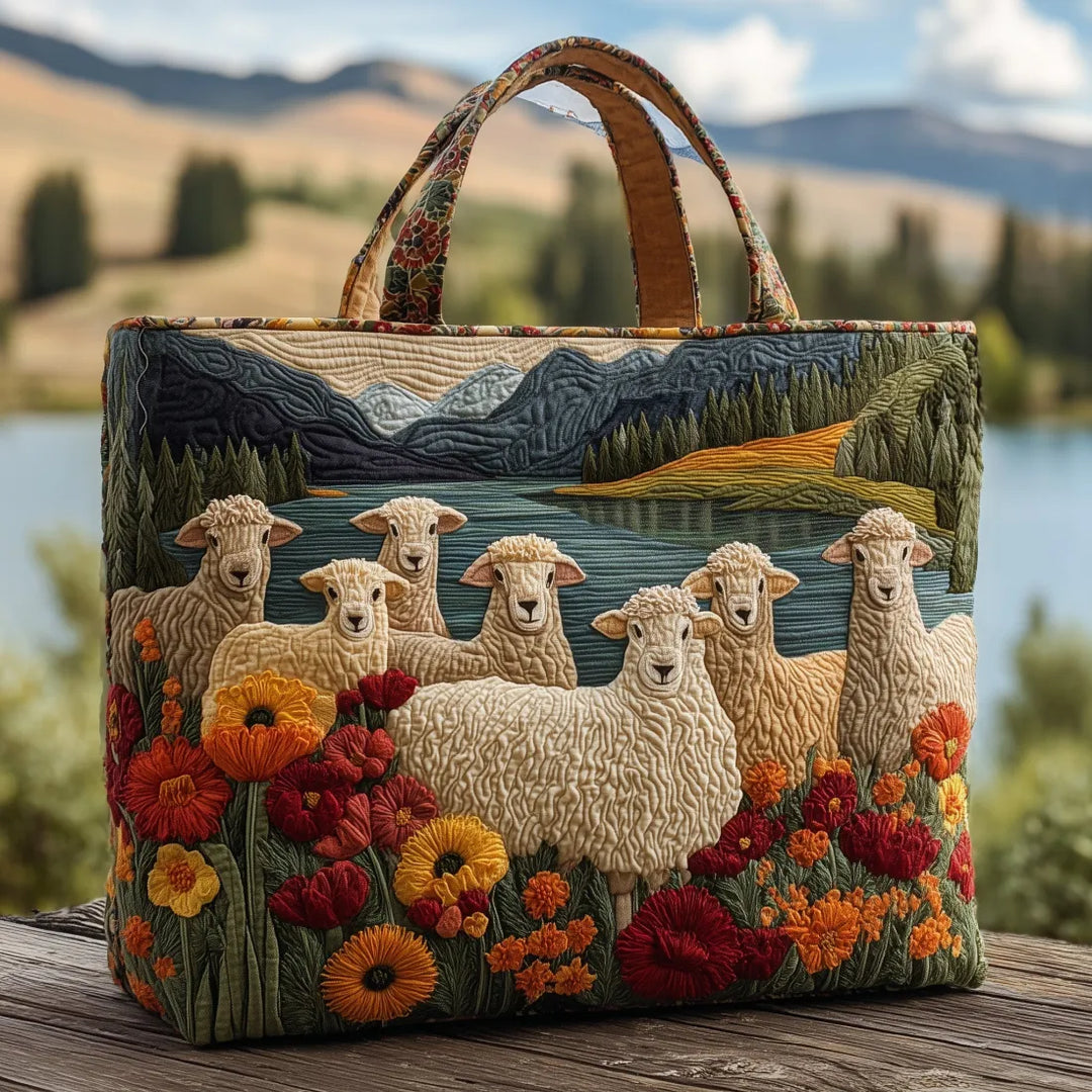 Sheep by the Lake quilted tote for women