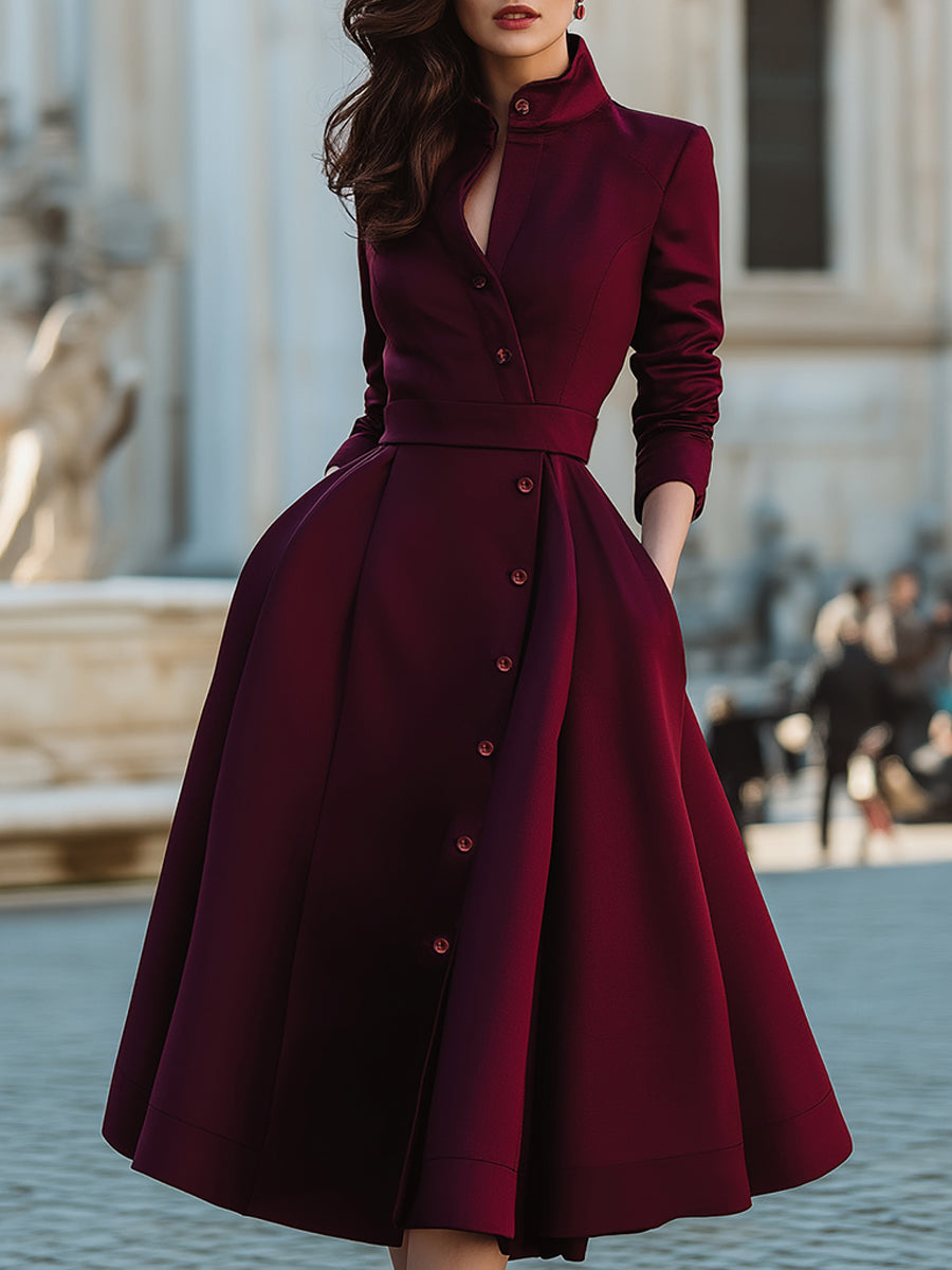 Elegant Band Collar Button-Down Midi Dress With Belt