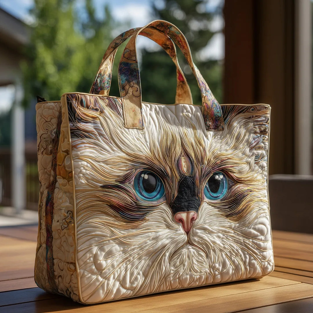 Blue-Eyed White Cat quilted tote for women