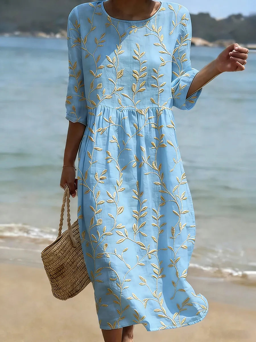 Natalie | Plant &amp; Flower Print Round Neck Midi Dress