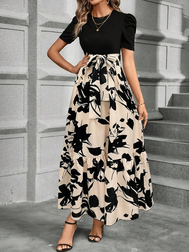 Sylvia | Contrast Floral Puff Sleeve Maxi Dress
