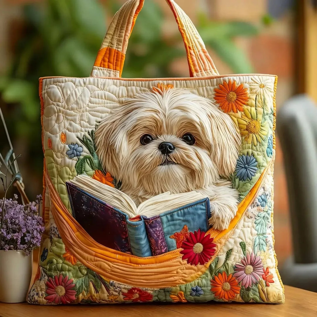 Shih Tzu, Books &amp; Flowers handmade quilted tote for women