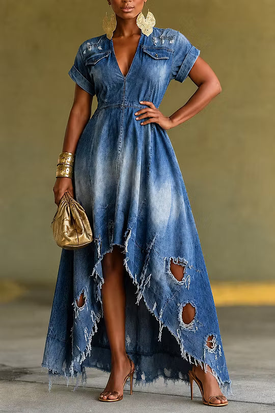 Valenza distressed denim-look dress for women