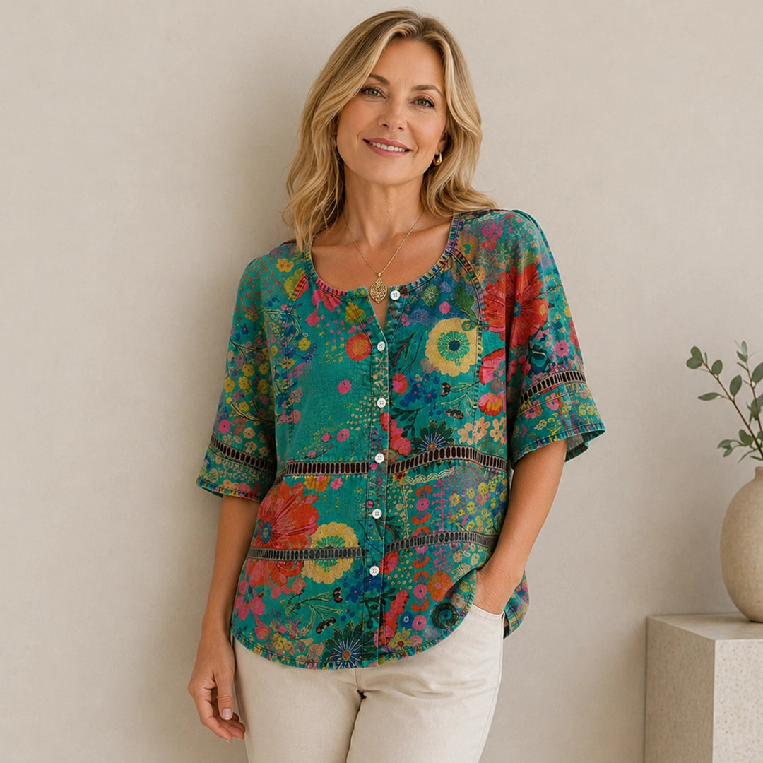 Adele | Vintage Ethnic-Print V-Neck Blouse