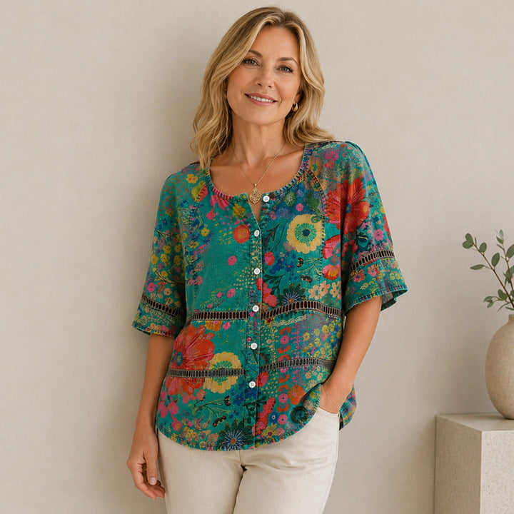 Adele | Vintage Ethnic-Print V-Neck Blouse