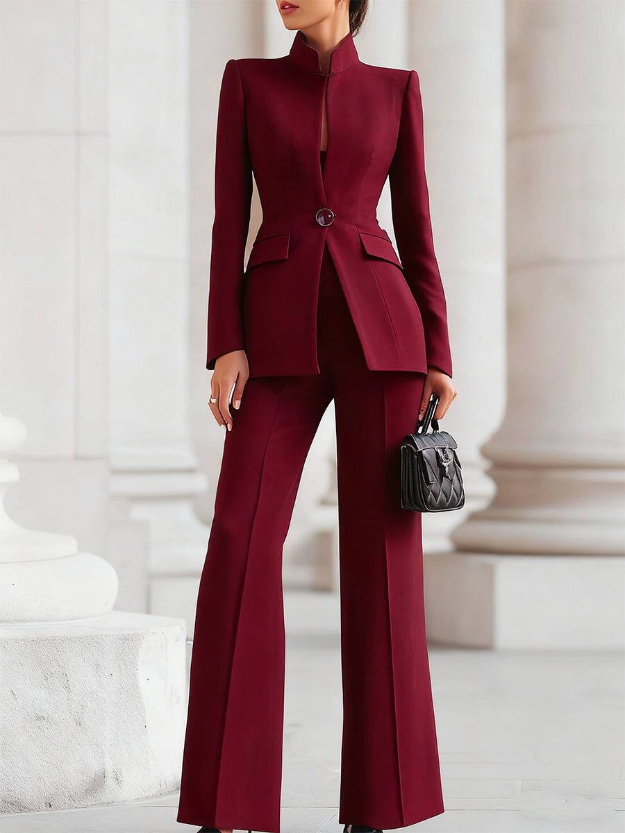 Sophisticated  High-Collar Blazer &amp; Wide-Leg Trousers Set
