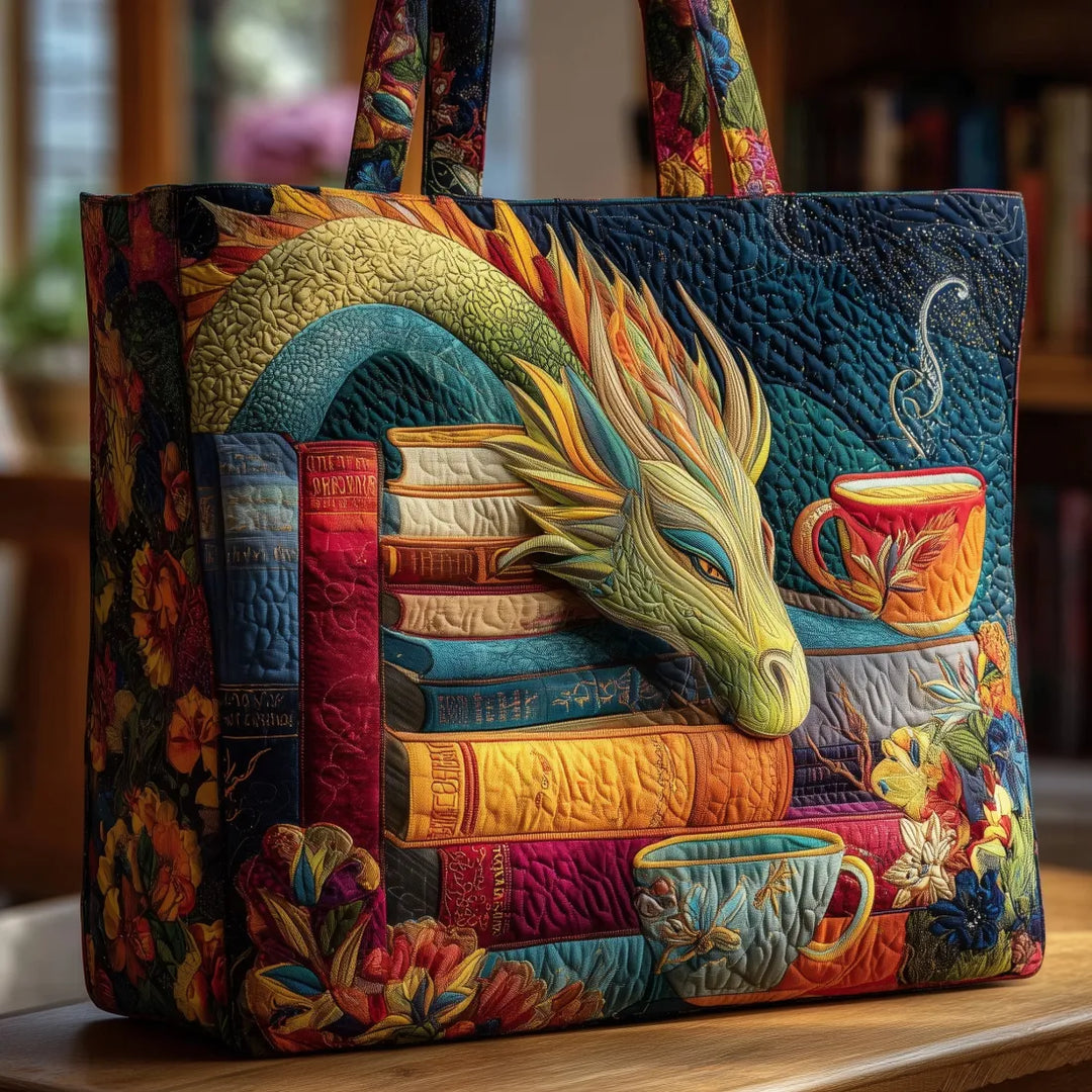 Dragon, Books &amp; Teacups quilted tote for women