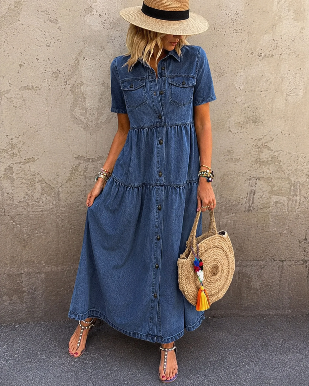 Grace button-front denim midi dress for women