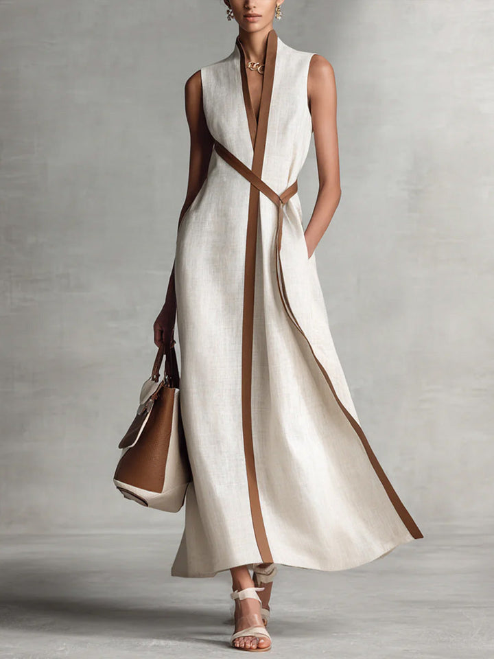 Robe midi sans manches col V, ceinture, bordure contrastante.