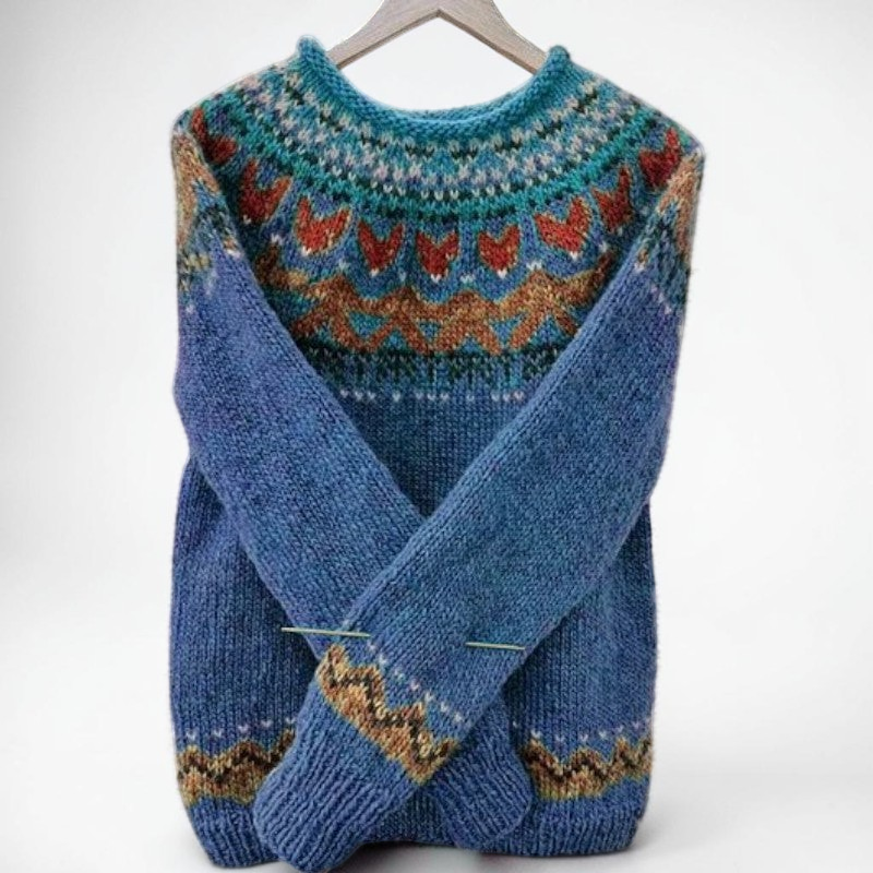 Vivian &amp; Cole Ivana vintage jacquard crew neck sweater in blue with intricate multicoloured winter patterns