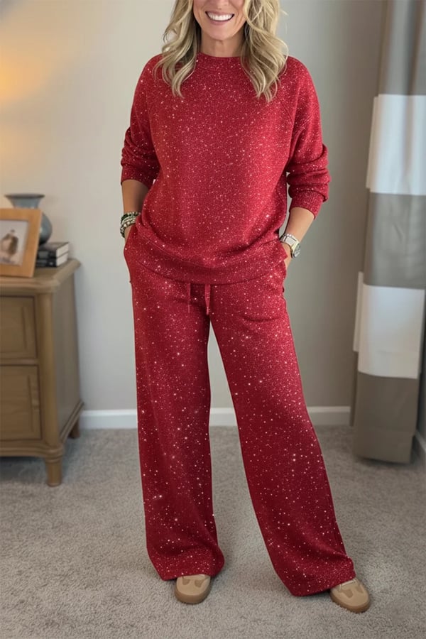 Round neckline, shiny, solid color, casual suit