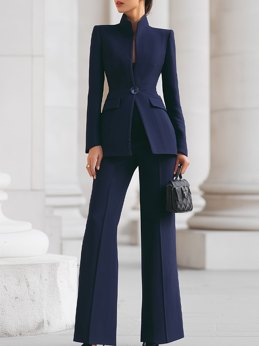 Sophisticated  High-Collar Blazer &amp; Wide-Leg Trousers Set