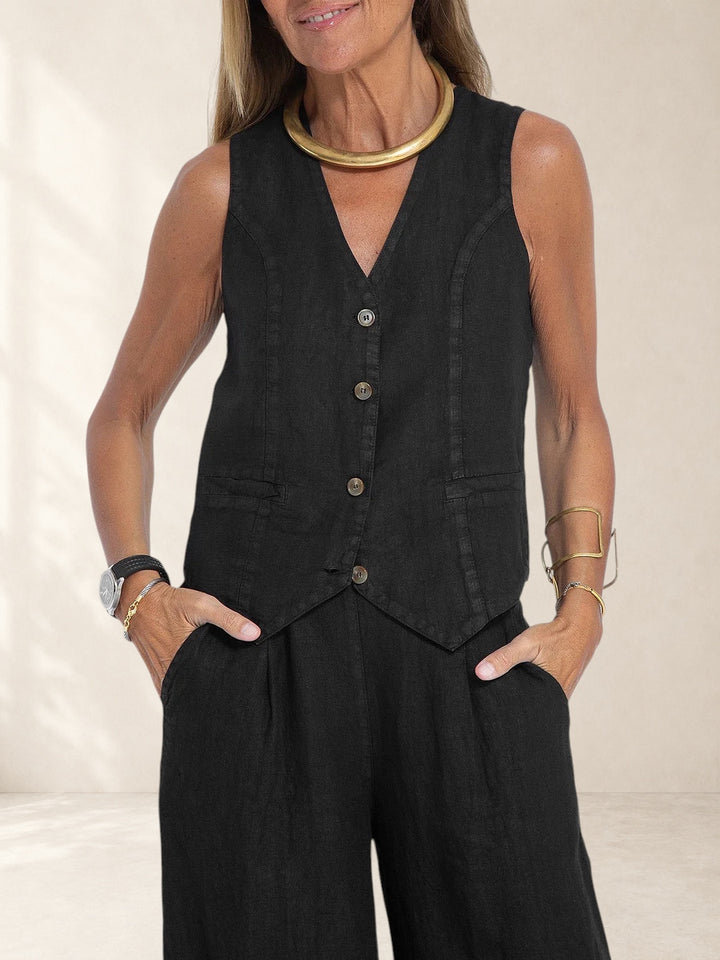 Aira - Buttoned Vest &amp; Wide-Leg Trousers Set
