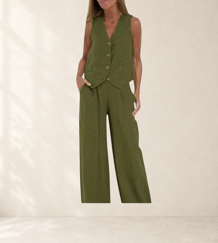 Aira - Buttoned Vest &amp; Wide-Leg Trousers Set
