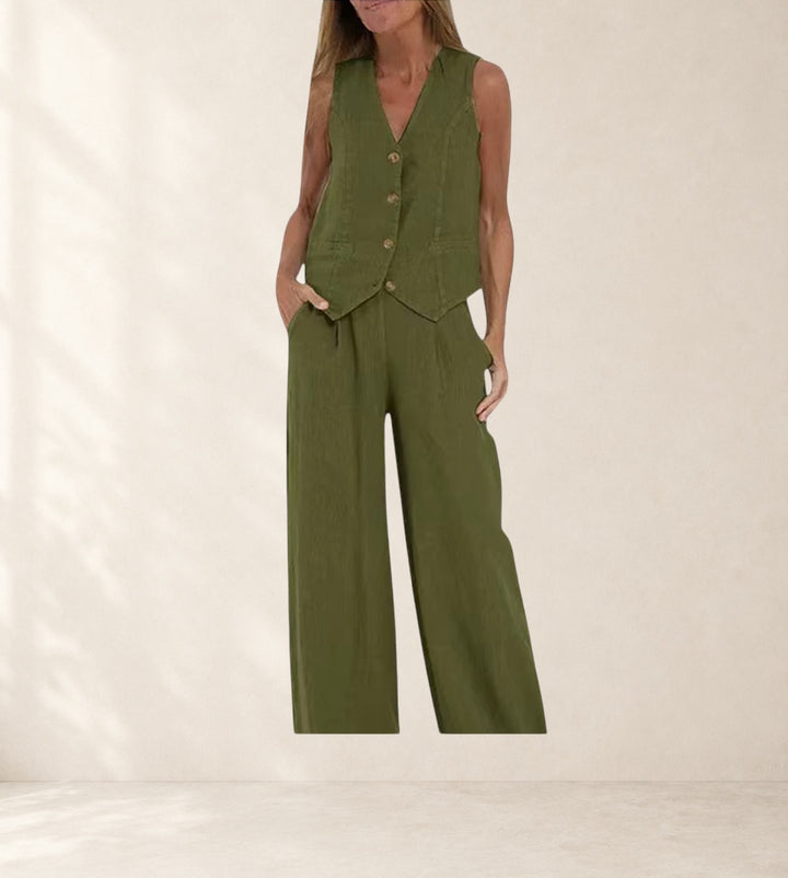 Aira - Buttoned Vest &amp; Wide-Leg Trousers Set