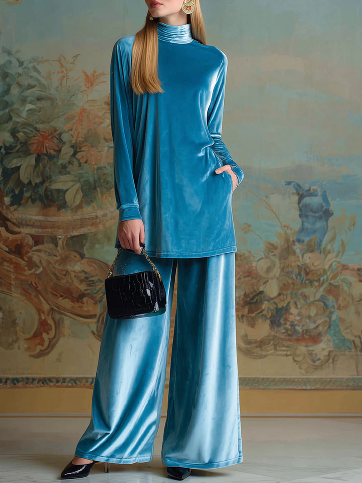 Blue Velvet High-Neck Loose-Fit Casual Set