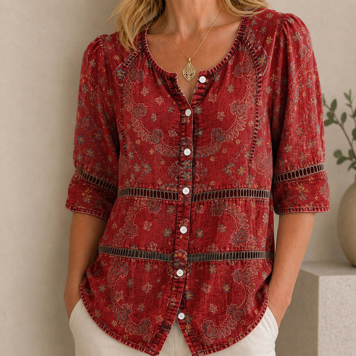 Adele | Vintage Ethnic-Print V-Neck Blouse