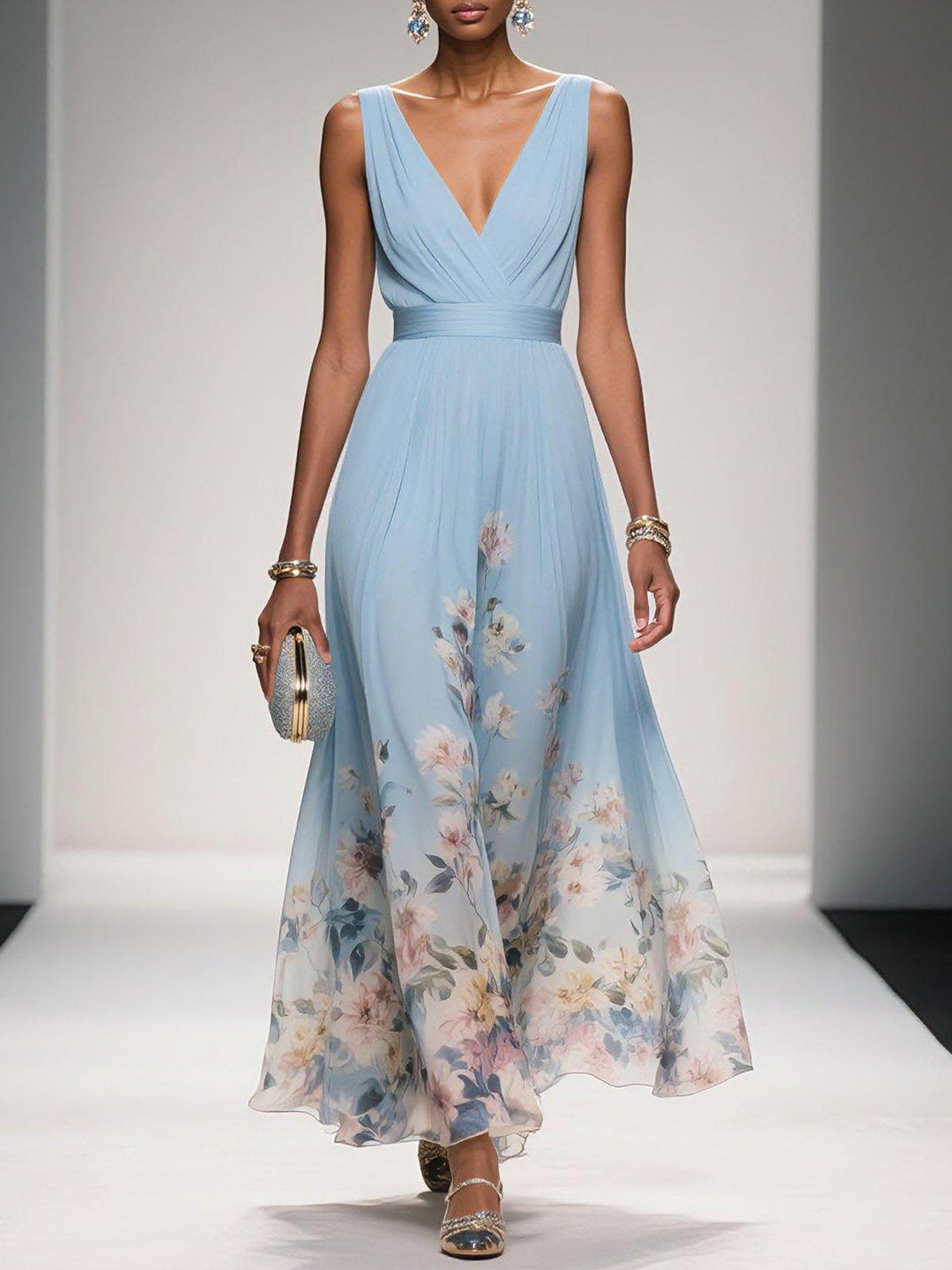 Gleamond | Floral V-Neck Maxi Dress