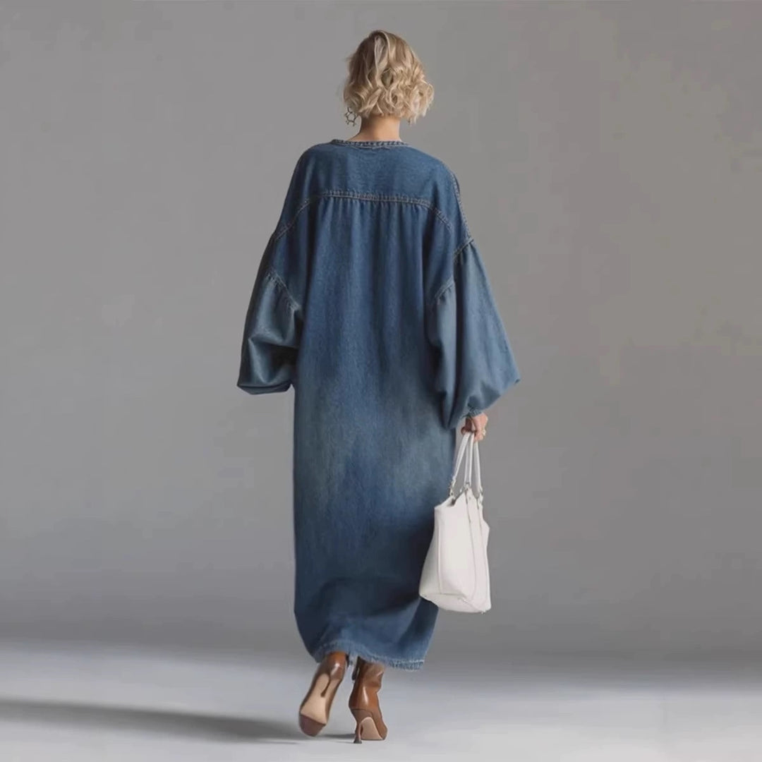 Elegant Urban-style Denim Balloon Sleeve Maxi Dress