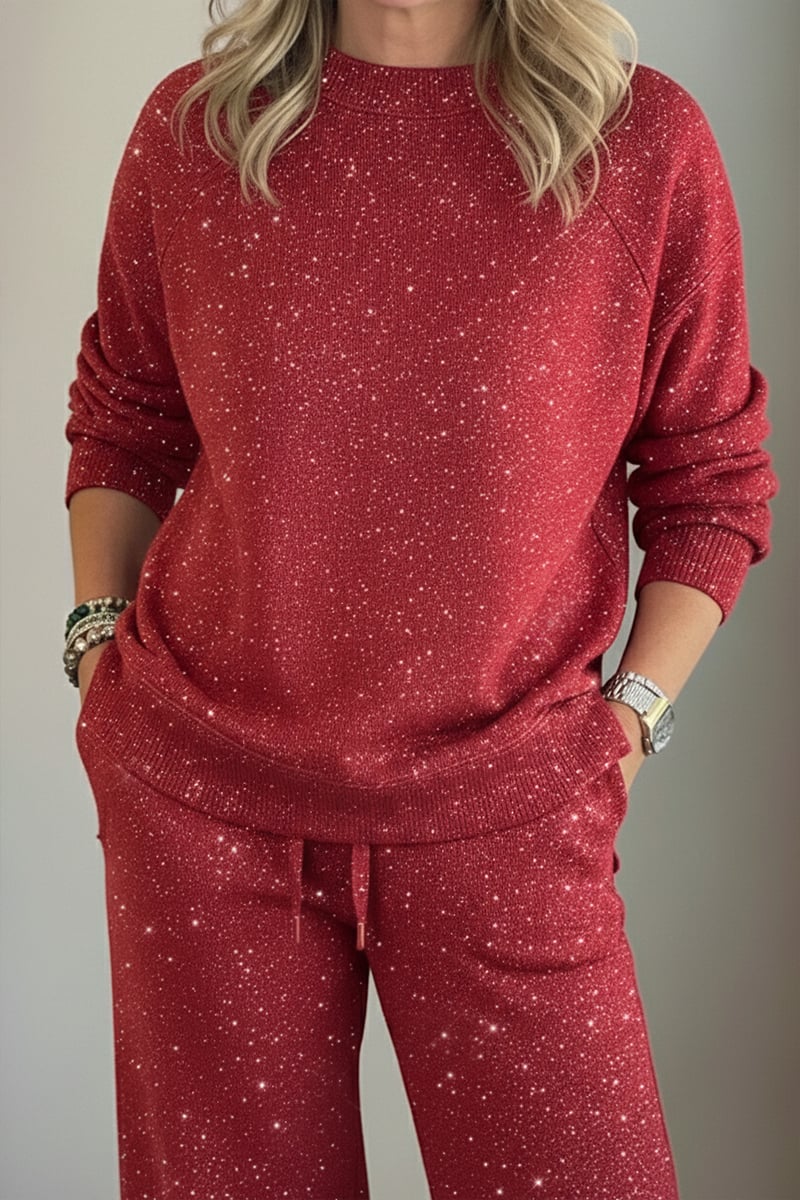 Round neckline, shiny, solid color, casual suit