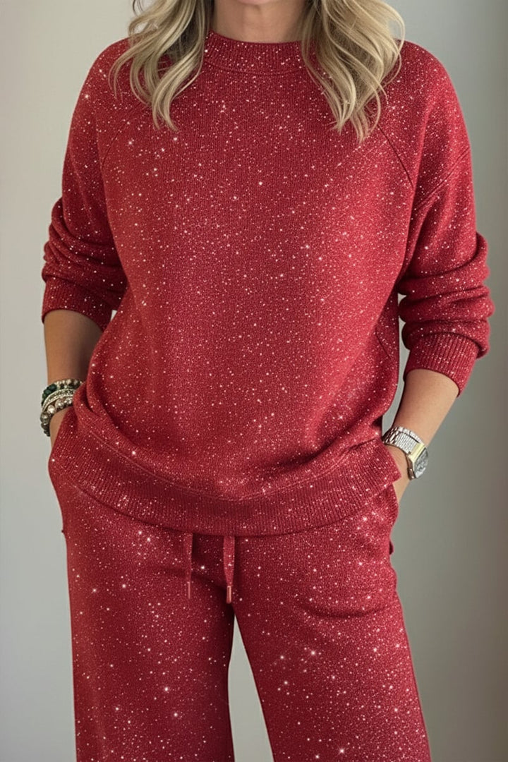 Round neckline, shiny, solid color, casual suit