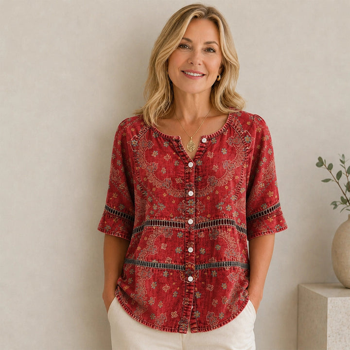 Adele | Vintage Ethnic-Print V-Neck Blouse