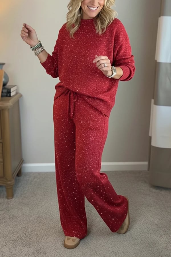 Round neckline, shiny, solid color, casual suit