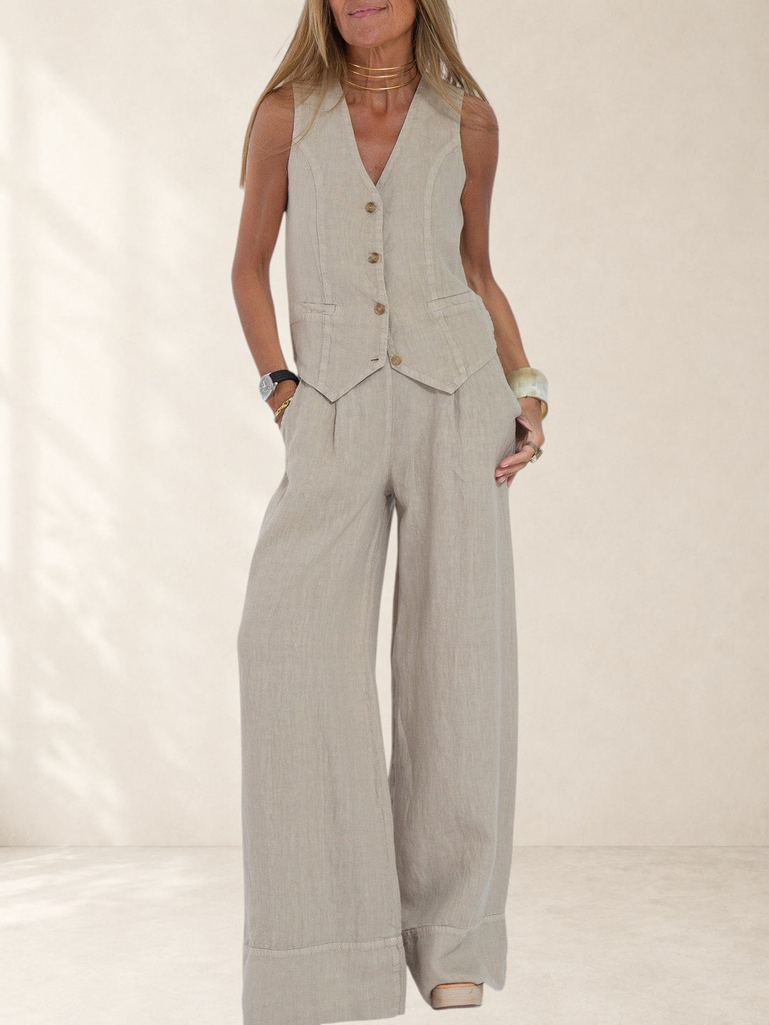 Aira - Buttoned Vest &amp; Wide-Leg Trousers Set