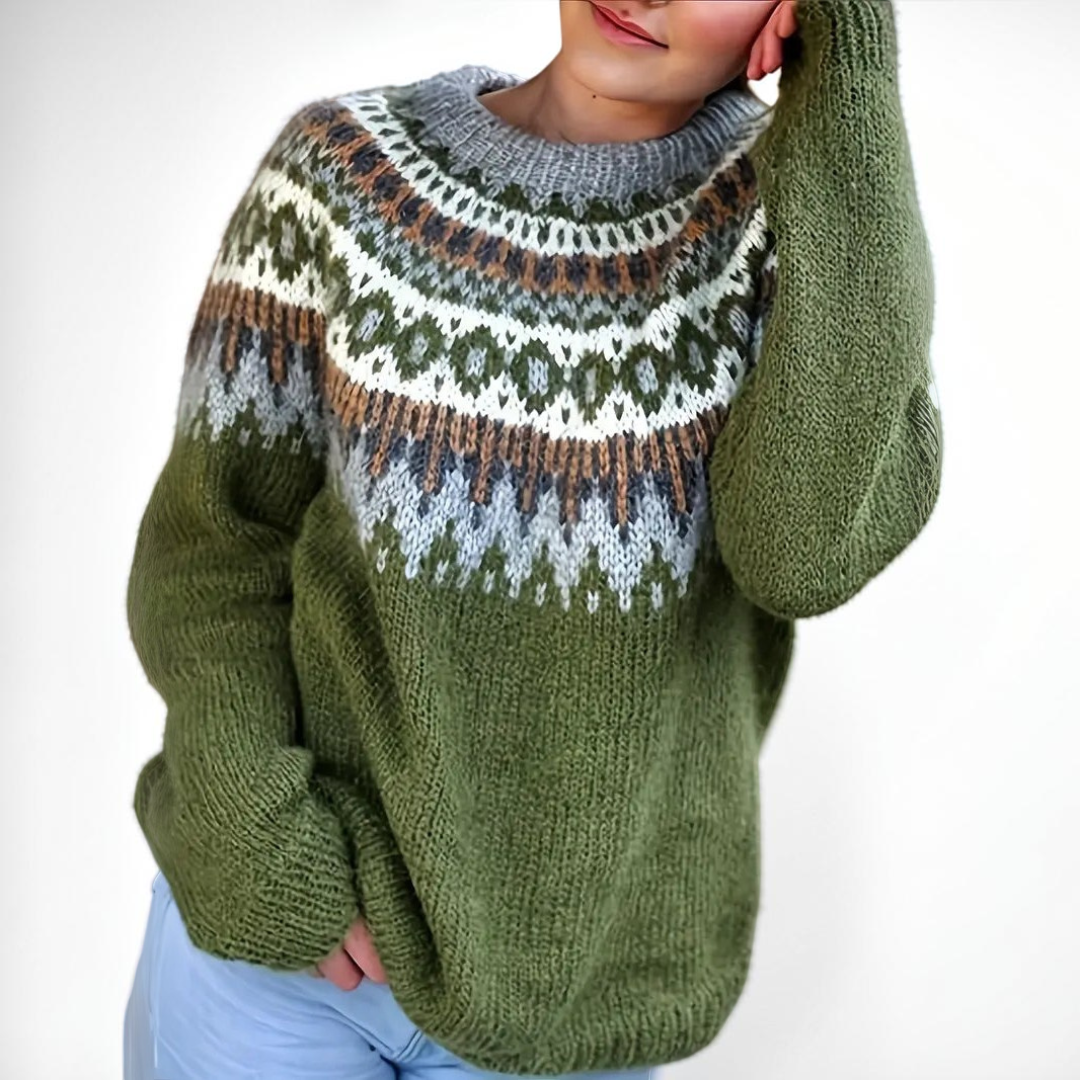 Vivian &amp; Cole Etta crew neck sweater in olive green with a festive white and grey jacquard pattern on the yoke