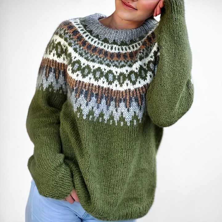 Vivian &amp; Cole Etta crew neck sweater in olive green with a festive white, grey, and brown jacquard pattern