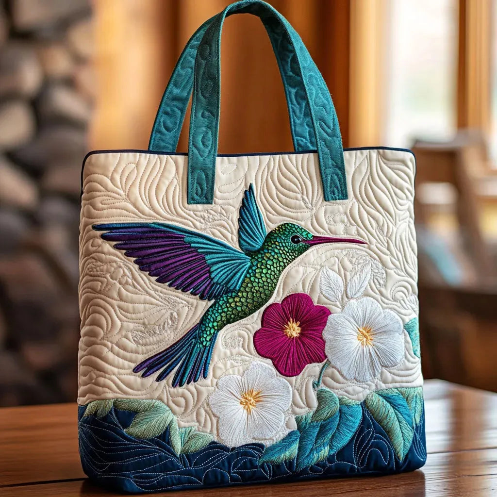 Hummingbird &amp; White Blossom floral quilted tote for women