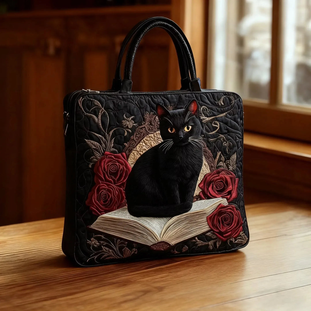 Black Cat &amp; Books quilted tote for women