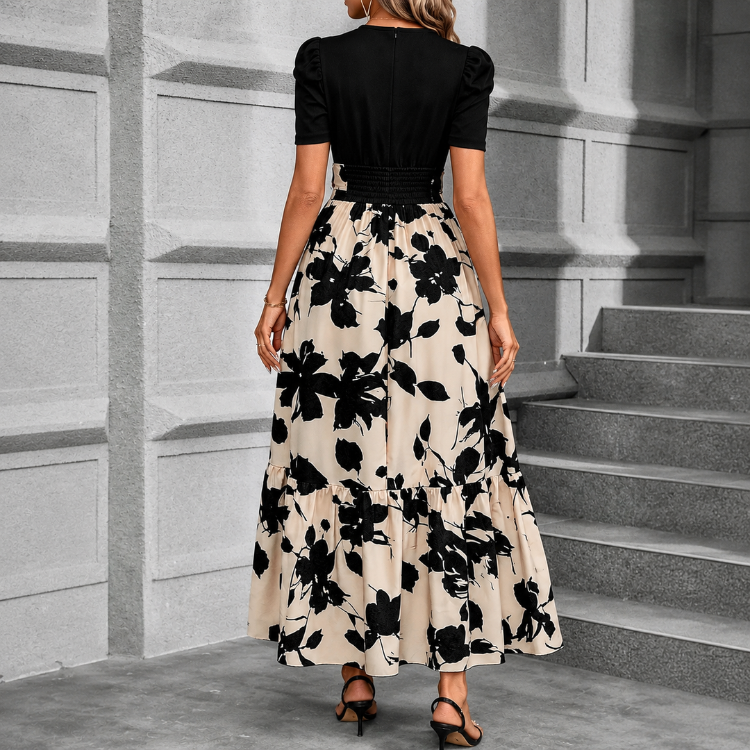 Sylvia | Contrast Floral Puff Sleeve Maxi Dress