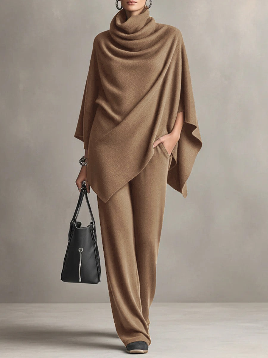 Urban Casual Turtleneck Poncho and Pants Set