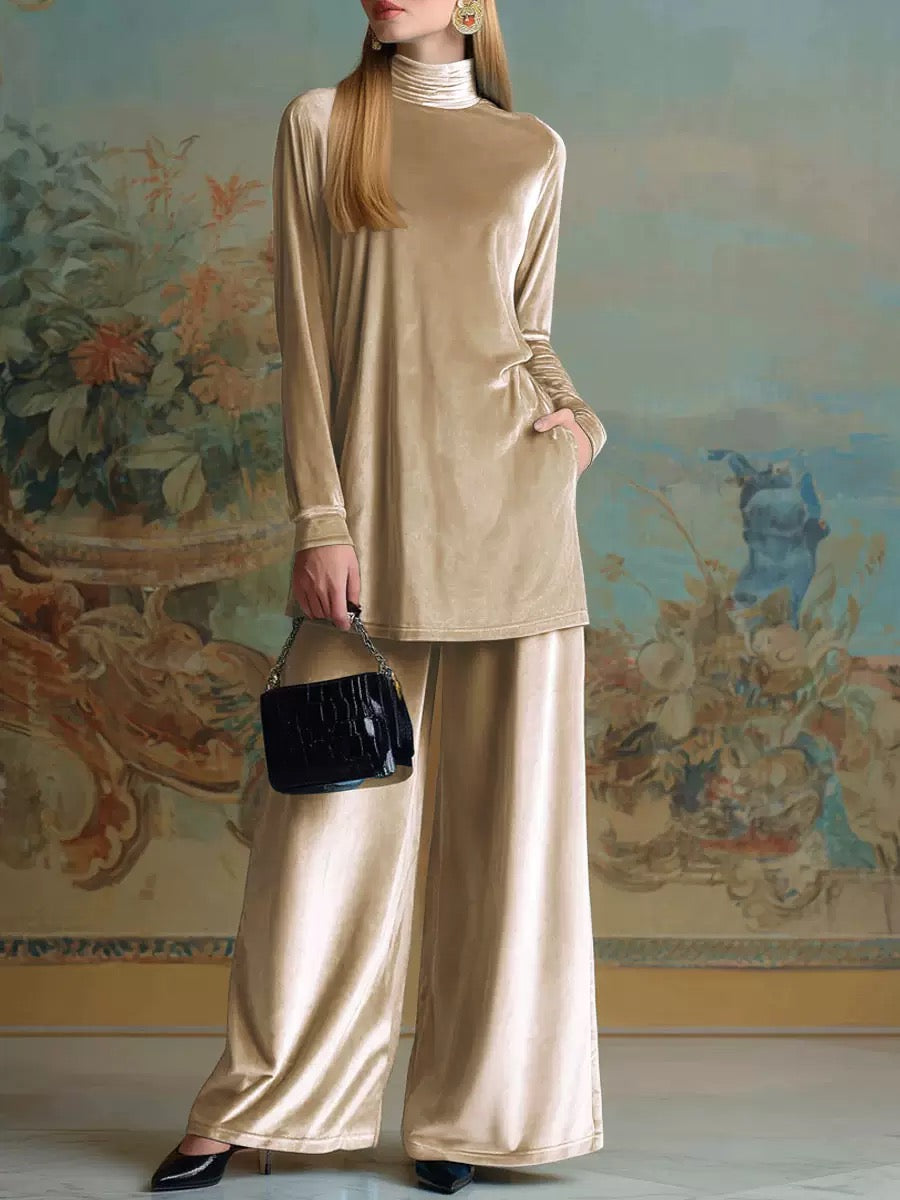Blue Velvet High-Neck Loose-Fit Casual Set