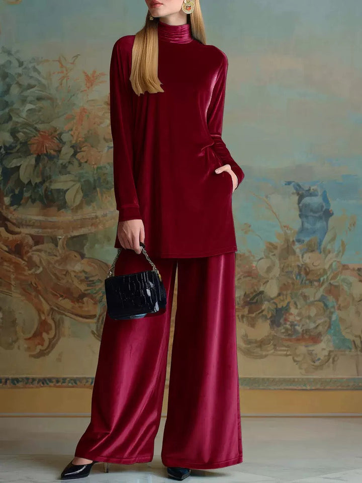 Blue Velvet High-Neck Loose-Fit Casual Set