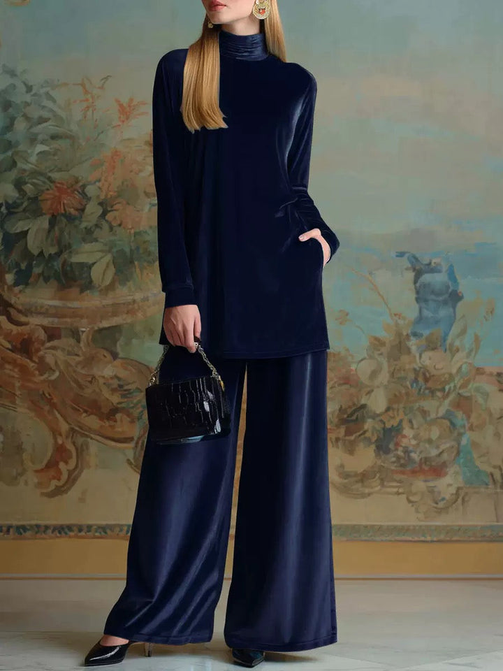 Blue Velvet High-Neck Loose-Fit Casual Set