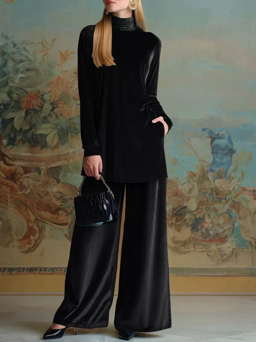 Blue Velvet High-Neck Loose-Fit Casual Set
