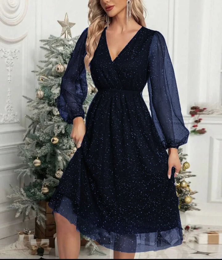 Mae Harper™ Sparkling Mesh-Sleeve V-Neck Evening Dress – Effortless Evening Glamour