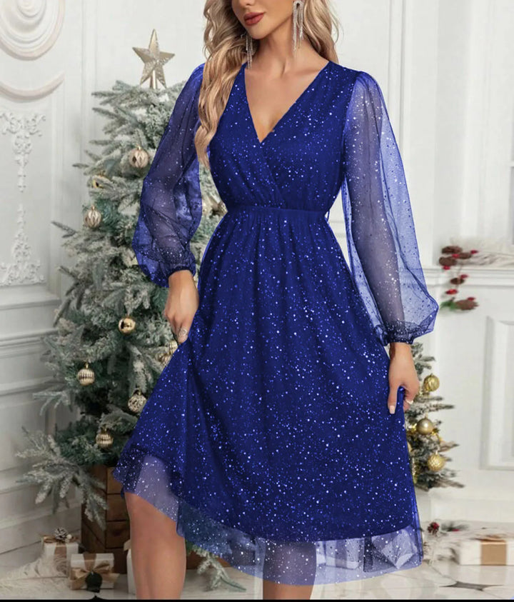 Mae Harper™ Sparkling Mesh-Sleeve V-Neck Evening Dress – Effortless Evening Glamour