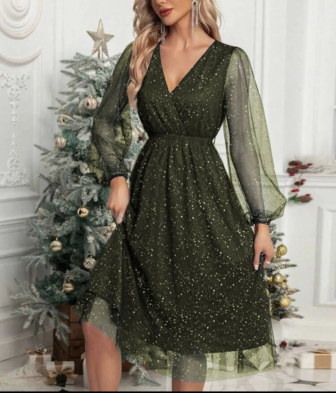 Mae Harper™ Sparkling Mesh-Sleeve V-Neck Evening Dress – Effortless Evening Glamour