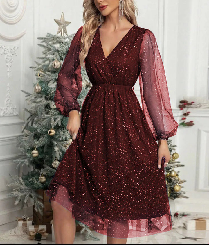 Mae Harper™ Sparkling Mesh-Sleeve V-Neck Evening Dress – Effortless Evening Glamour