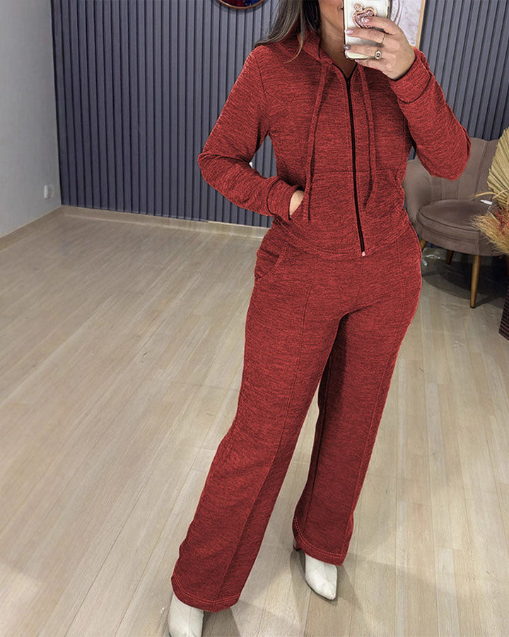 Athleisure Hooded Jacket Wide Leg Pants Set