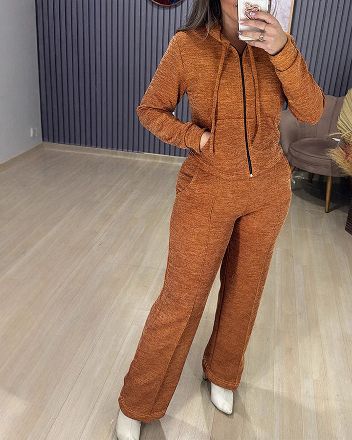 Athleisure Hooded Jacket Wide Leg Pants Set