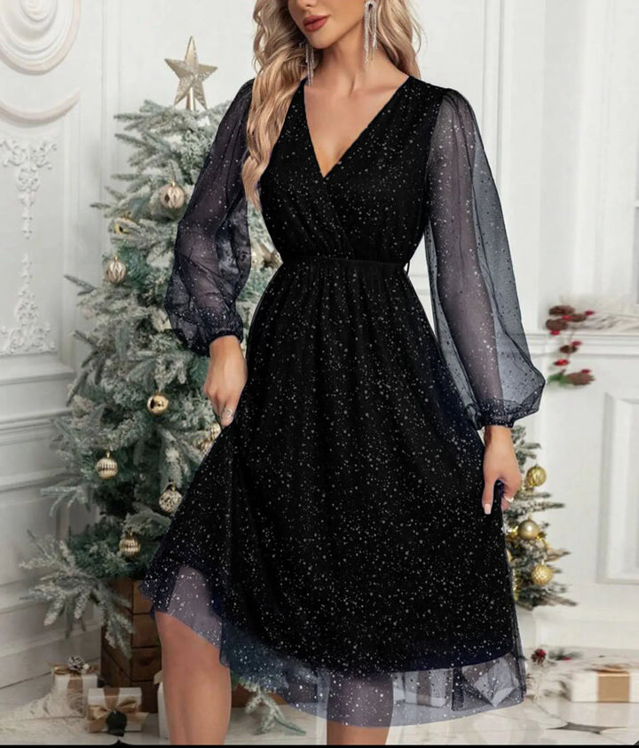 Mae Harper™ Sparkling Mesh-Sleeve V-Neck Evening Dress – Effortless Evening Glamour