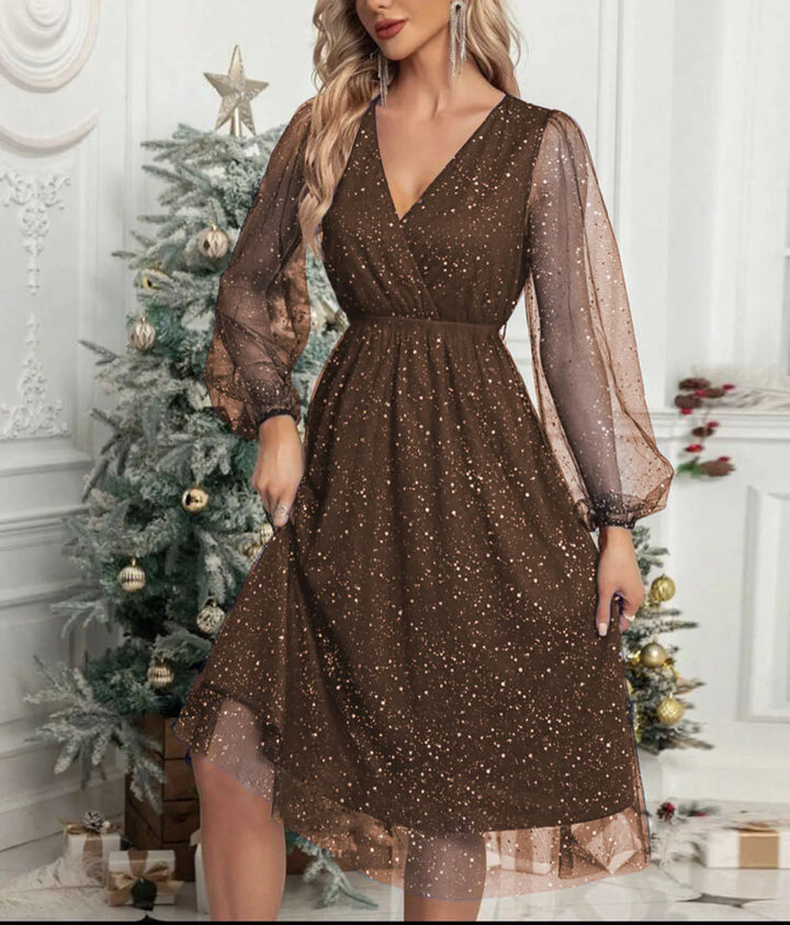Mae Harper™ Sparkling Mesh-Sleeve V-Neck Evening Dress – Effortless Evening Glamour