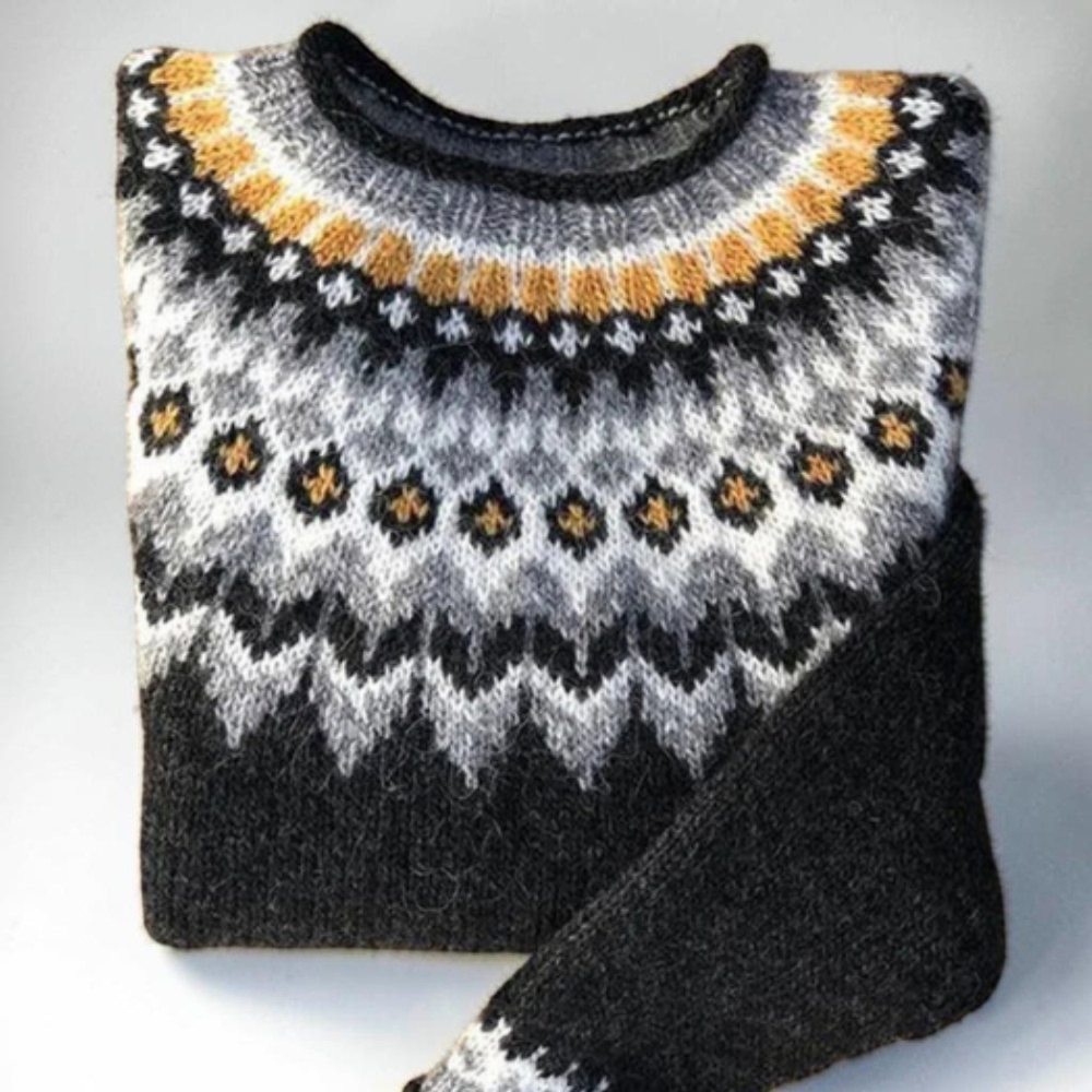 Vivian &amp; Cole Toronto retro winter sweater featuring a grey, black, and yellow Nordic-inspired knit pattern.