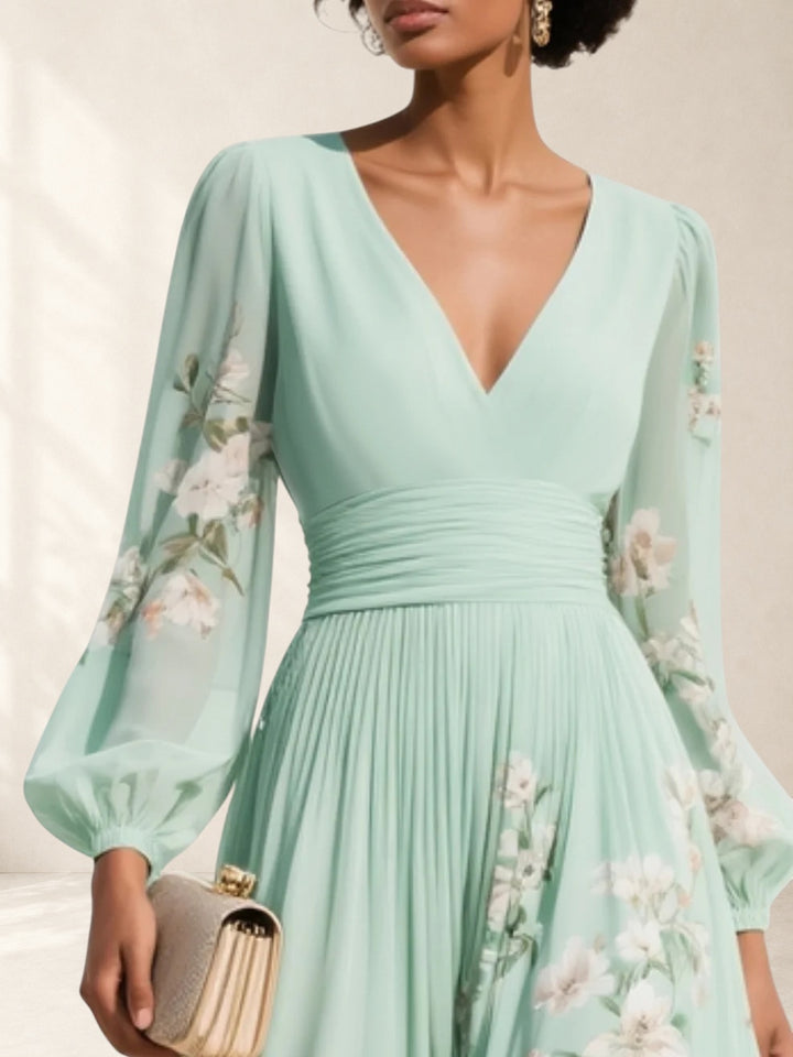 Mathilda | Light Green V-Neck Chiffon Pleated Floral Midi Dress